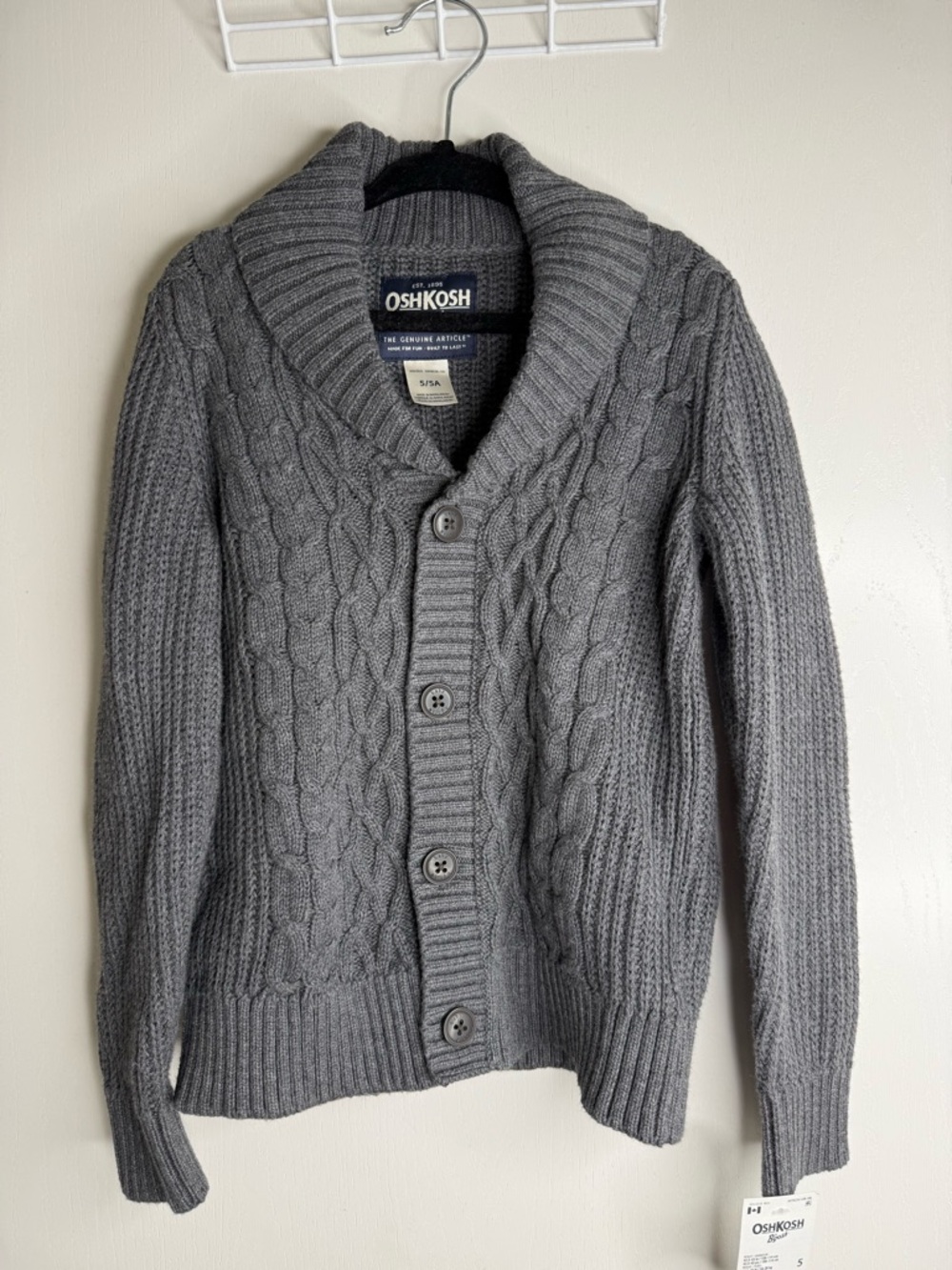 NWT OshKosh B'gosh Kids (5/5A) Gray Cable Knit Cotton Button Up Cardigan